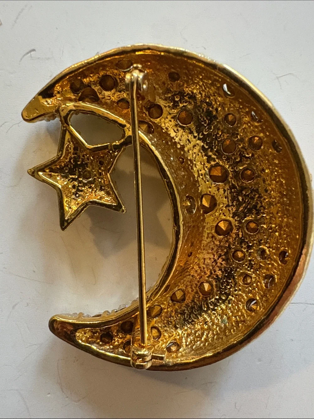 Gold and Silver Crescent Moon & Star Crystal Brooch